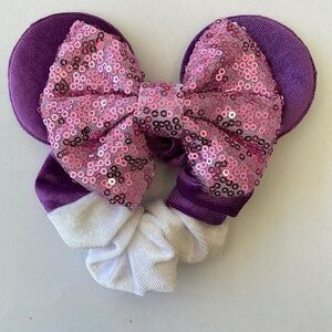 Mickey Mouse Ears Scrunchie Ponytail Holder with Sequins - Purple/White/Pink